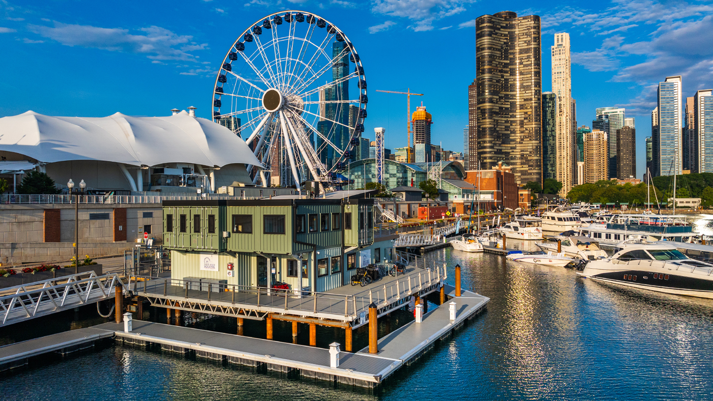 The Navy Pier Marina overlooking its famous ferris wheel
